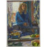 HG XX, Oil on board, Portrait of a woman leaning against a kitchen window, Initialled lower right.