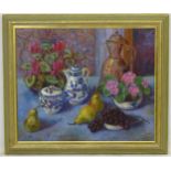 Joan Dale, mid - XX, Oil on canvas, 'Still life with pears and grapes', Initialled lower left,
