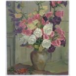 Wynford Dewhurst (1864-1941), Oil on canvas, Still life of campanula flowers in a vase,