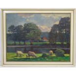 Hubert Cramer - Berke (1886-?), Oil on canvas, Sheep grazing near a river, Signed lower right.