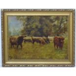 Monogrammed LP?, early XX, Oil on board, Highland cattle grazing in a park, Signed lower left.