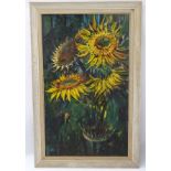 MJ East, 1964, Oil on canvas laid on board, Large and impressive sunflowers in a vase,
