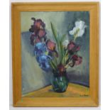 Haia Mayer, mid XX, Oil on canvas, 'Irises' still life of flowers in a vase, Signed lower right.