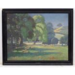 F Cook XIX-XX, Oil on canvas, South coast England, Sheep grazing in a pastoral setting,