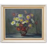 Elisabeth Bridge (1912-1996), Oil on canvas, Still life, dahlias in a copper lustred jug,