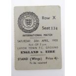 Football: An original ticket for England v Eire (youth teams), at Luton Town, April 1955.