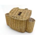 Fishing : A freshwater Fly fisherman's wicker fishing creel with shoulder strap and 2 bottle