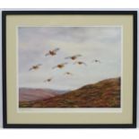 Geoffrey Campbell Black (XX), Signed coloured print, Gamebirds, Grouse flying over heather,