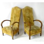 A pair of early / mid 20thC Art Deco open armchairs with high back,