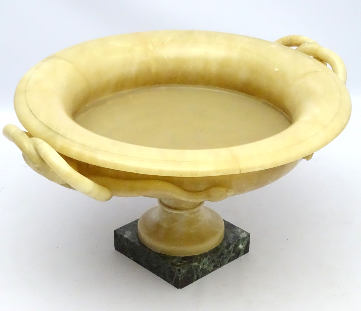 A large yellow marble kylix shaped urn on a squared green marble base , - Image 3 of 7