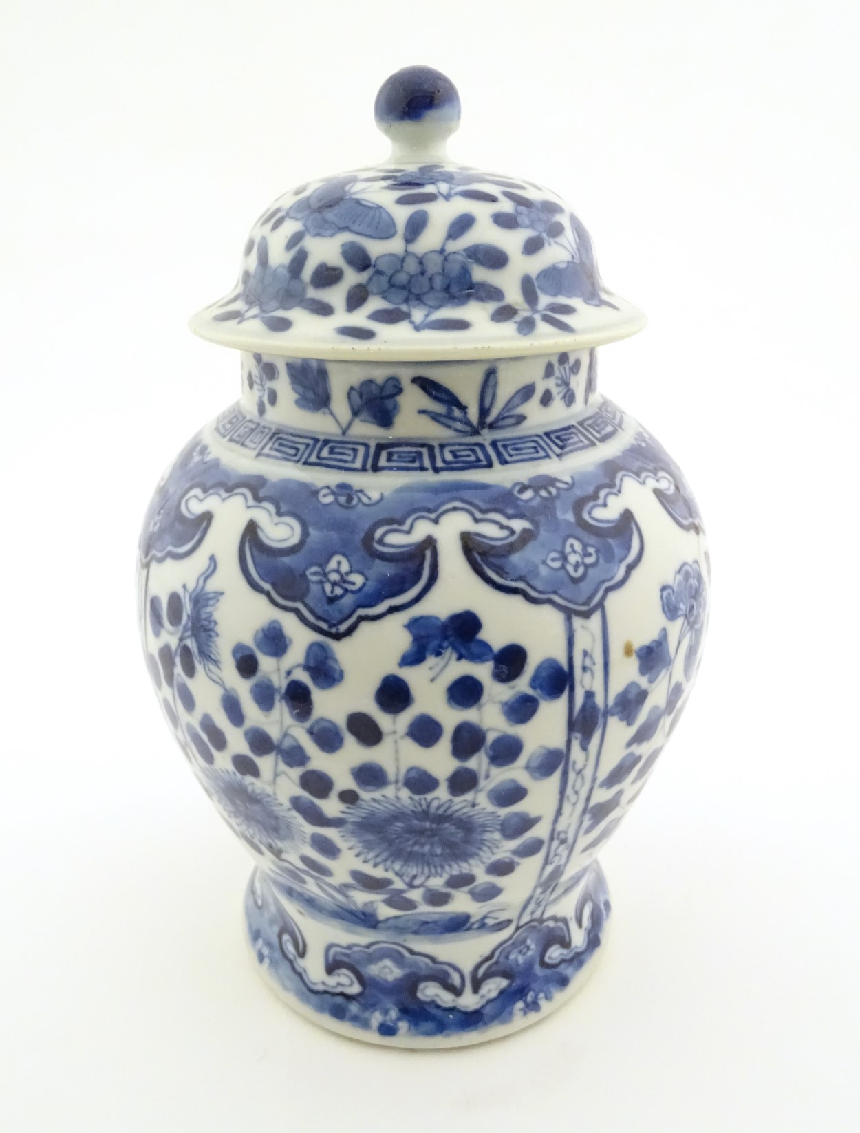 A Chinese blue and white ginger jar with panelled floral and butterfly decoration,