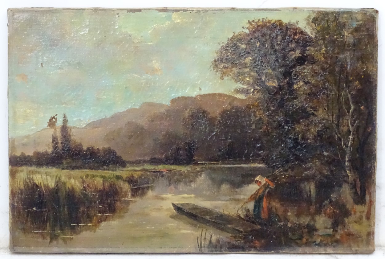 DM, 1911, English School, Oil on canvas, River landscape with lady in a punt,