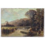DM, 1911, English School, Oil on canvas, River landscape with lady in a punt,