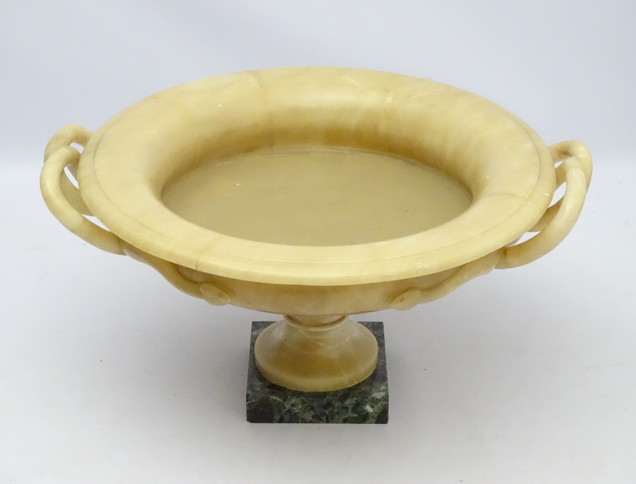 A large yellow marble kylix shaped urn on a squared green marble base , - Image 2 of 7