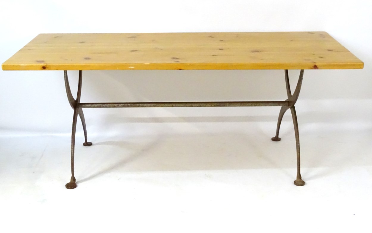 A late 20thC pine topped dining table with a wrought iron X-framed base having a central trestle - Image 2 of 5