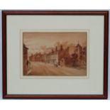 (XIX) English School, Sepia watercolour, Figures in street,