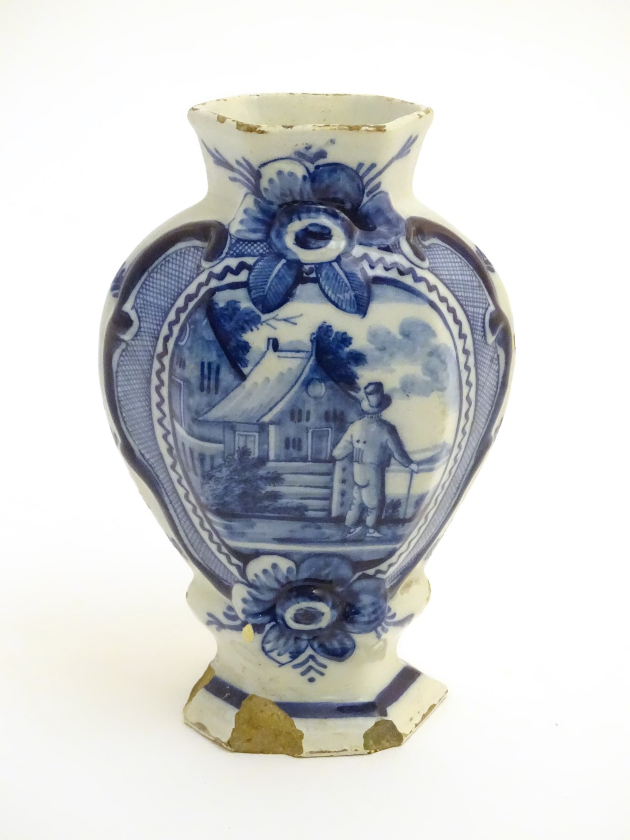 A Delft blue and white hexagonal baluster formed vase,