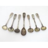 Assorted silver fiddle pattern salt spoons including 4 Victorian examples by Edward Ramsey of