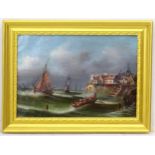 XIX, Dutch Marine School, Oil on canvas, Figures and shipping at edge of harbour in rough sea,