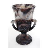 Glass : a North Country(Davidson ) pedestal cup with three handles and impressed bulrush decoration