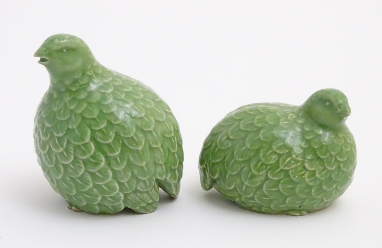 Two oriental green quail figures. Height of tallest quail: approx. 4 1/2".