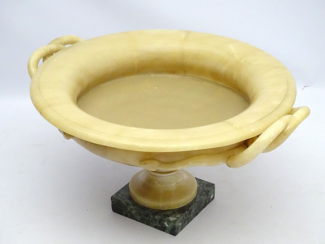 A large yellow marble kylix shaped urn on a squared green marble base , - Image 4 of 7