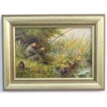 J Storr, XX, Oil on board, A circa 1900 boy sat fishing wearing a Homburg hat , Signed lower left.