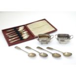 Assorted silver items to include a pair of salts hallmarked Birmingham 1893 maker Thomas Hayes.