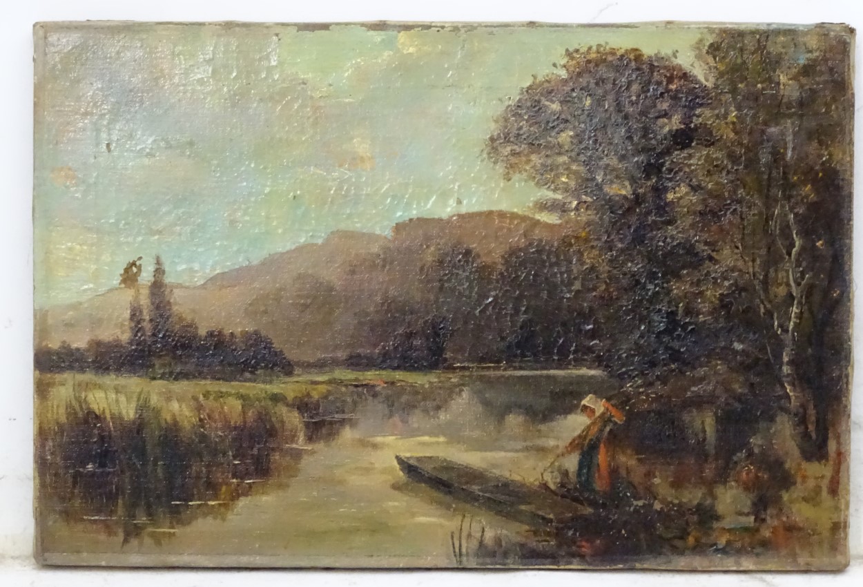 DM, 1911, English School, Oil on canvas, River landscape with lady in a punt, - Image 3 of 4