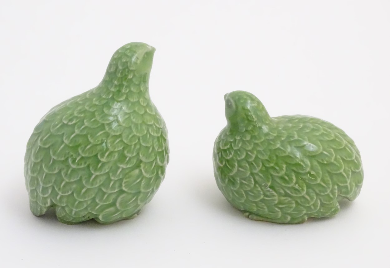 Two oriental green quail figures. Height of tallest quail: approx. 4 1/2". - Image 4 of 6