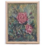 Indistinctly Signed, Oil on canvas laid on board, Still life of roses,