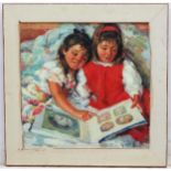 Dunlop XX, Oil on board, Young girls looking through a photo album, Signed lower right.