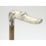 A novelty silver walking cane/stick handle formed as a greyhound hallmarked London 2013 maker