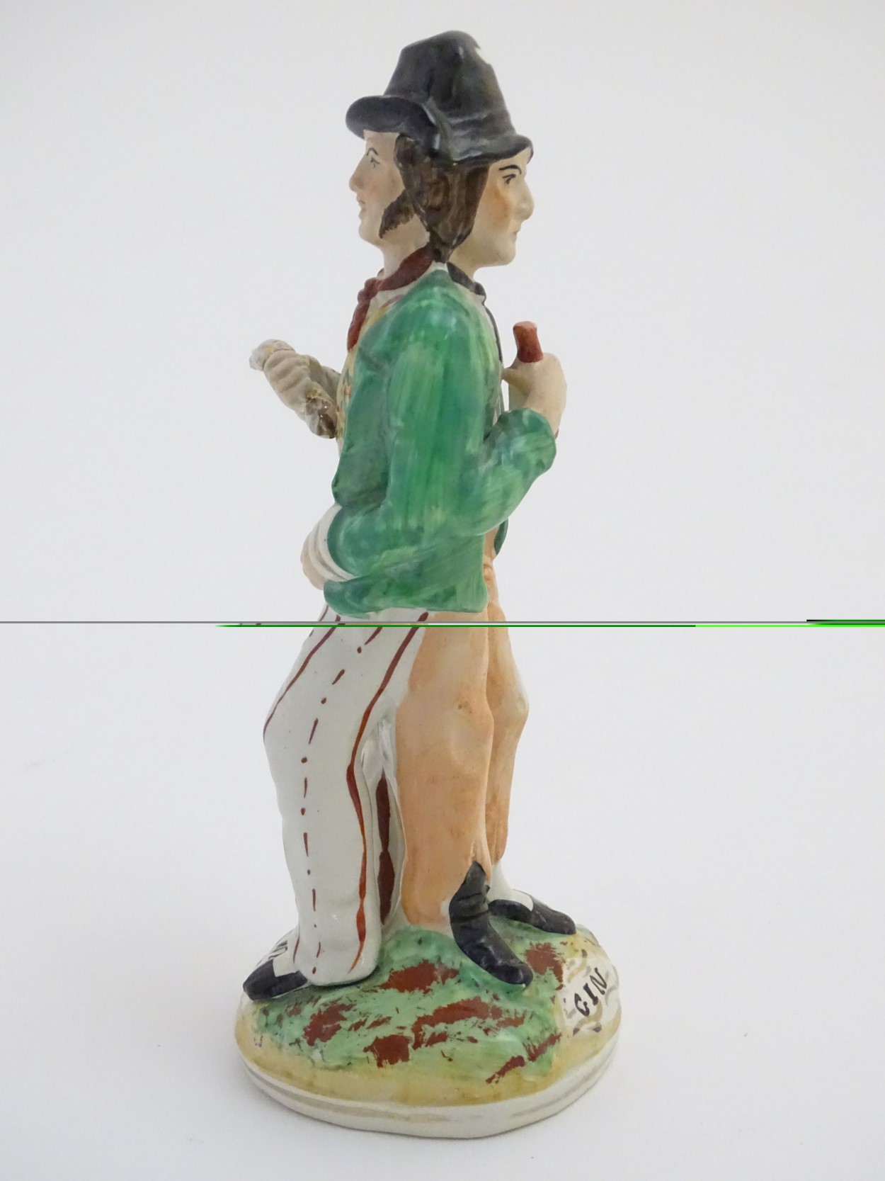 A Victorian Staffordshire pottery double-sided figure of a man standing on a circular, - Image 4 of 6