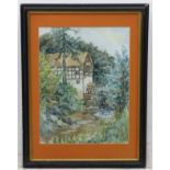 Joyce Griffiths, XX, Watercolour and pen ink, Tudor watermill in the woods, Signed lower right.