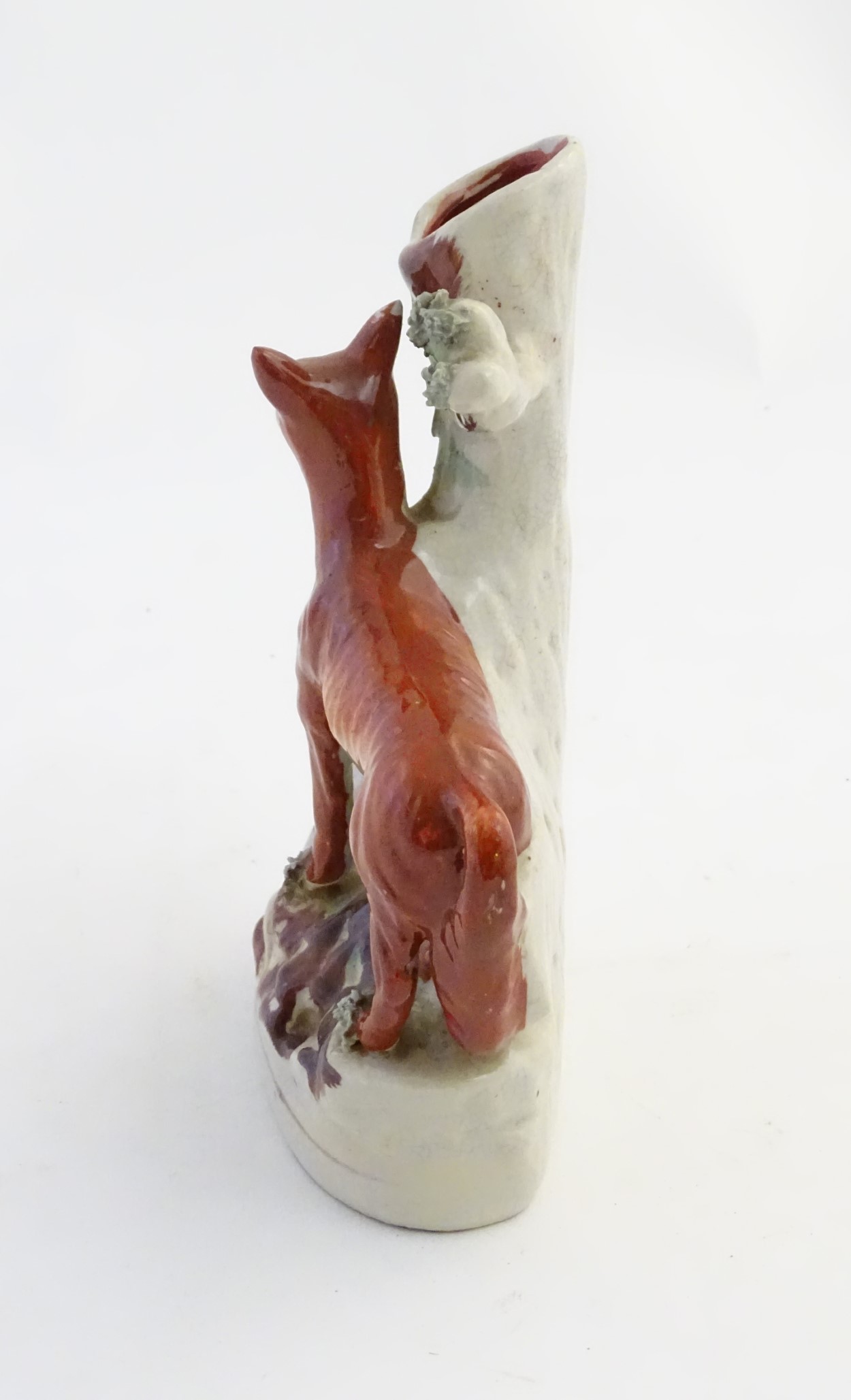 A Staffordshire flat back spill vase formed as a tree trunk with a fox and a goose on an oval base. - Image 4 of 7