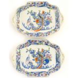 A pair of Mason's Patent Ironstone China dishes decorated with peacocks amongst foliage with a