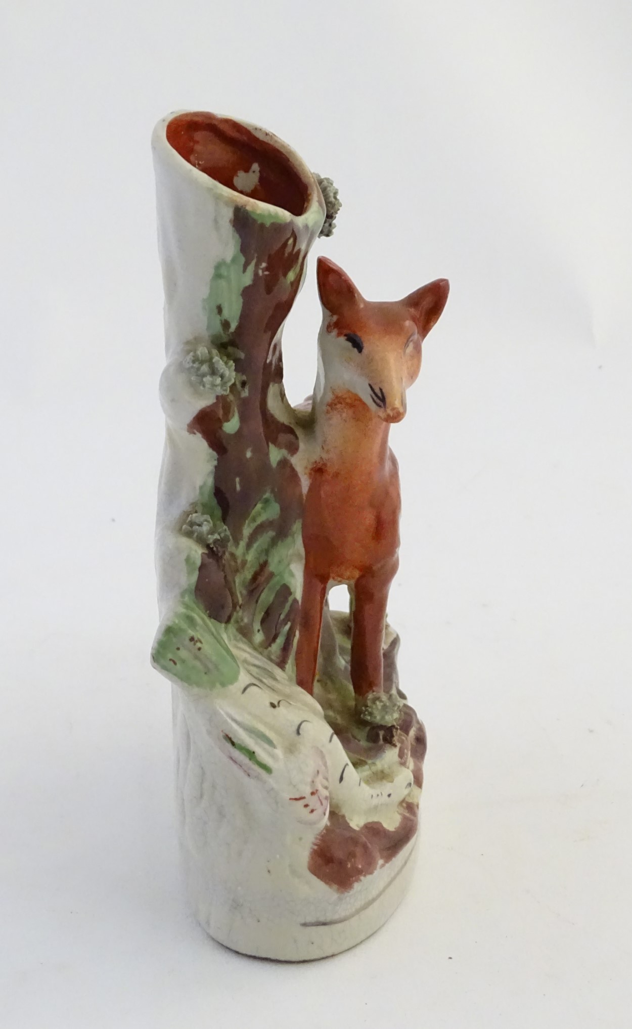 A Staffordshire flat back spill vase formed as a tree trunk with a fox and a goose on an oval base. - Image 6 of 7