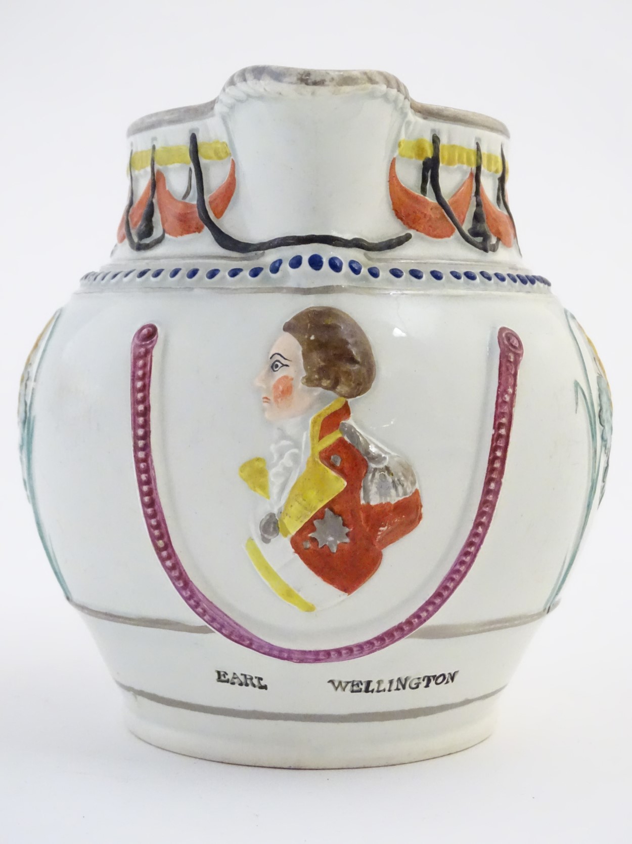 A 19thC Staffordshire Pottery commemorative jug decorated with a relief portrait of Earl Wellington, - Image 2 of 7