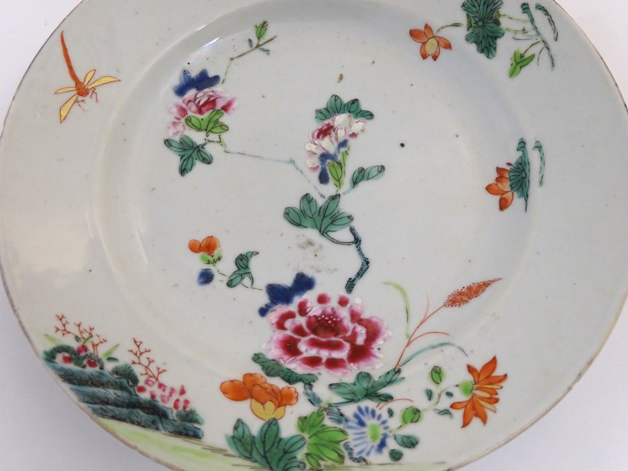 A Chinese plate decorated with flowers, a dragonfly and a rocky outcrop. Approx. 8 3/4" diameter. - Image 2 of 3