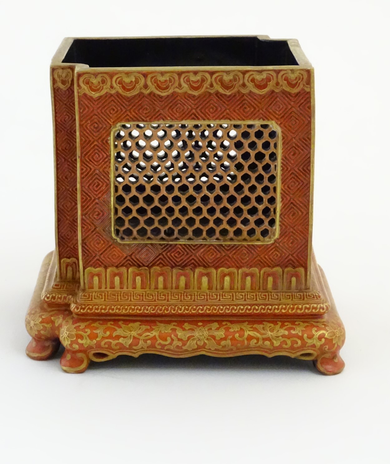 A Chinese burnt orange brush pot with reticulated panels framed by incised meander / Greek key fret - Image 3 of 7