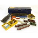 A French model railway track, clockwork engine, carriages and coaches by Jouef,