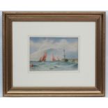 K Hoogendijk 1953 Marine School, Watercolour, Sailboats off a port near lighthouse,