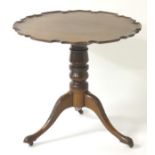 A late 19thC mahogany tripod table with a dished top, having a turned stem above three carved legs.
