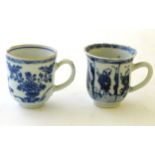Two Chinese blue and white teacups, one decorated with flowers and foliage, the other with figures.