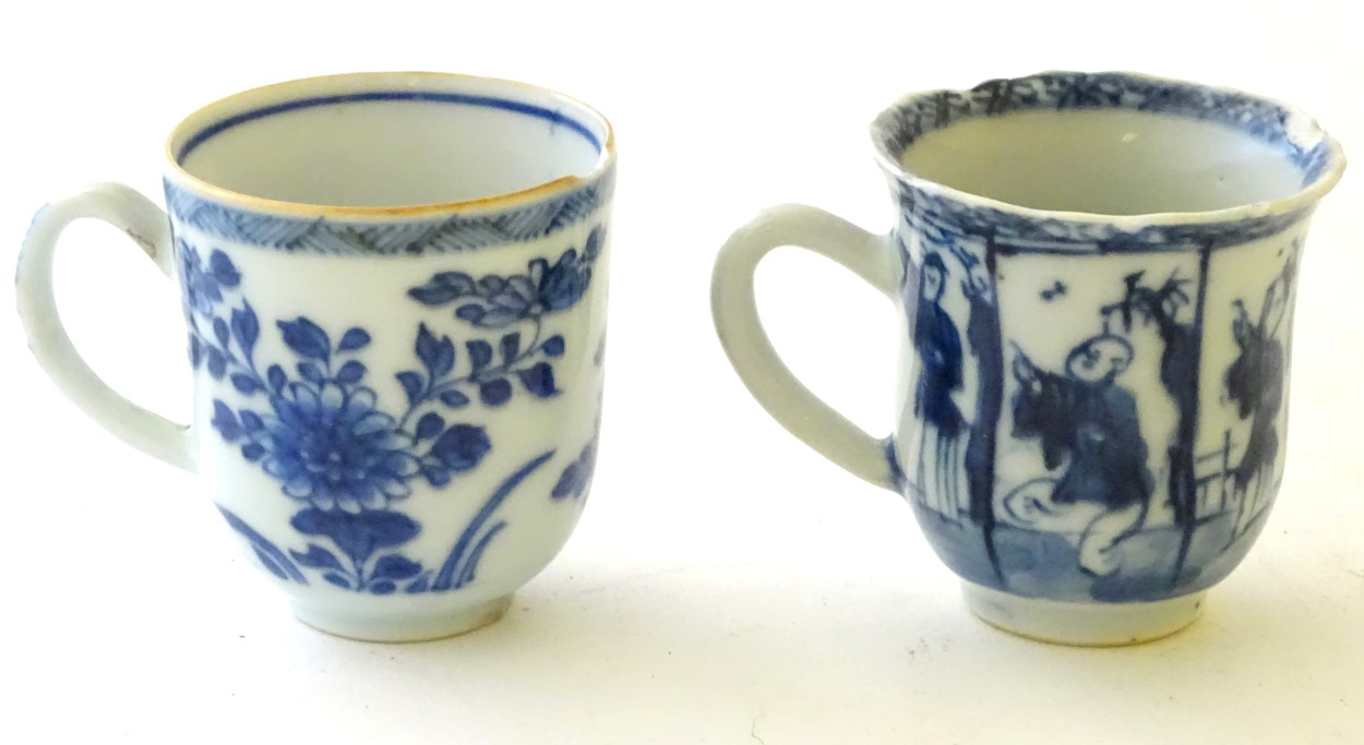 Two Chinese blue and white teacups, one decorated with flowers and foliage, the other with figures. - Image 4 of 6