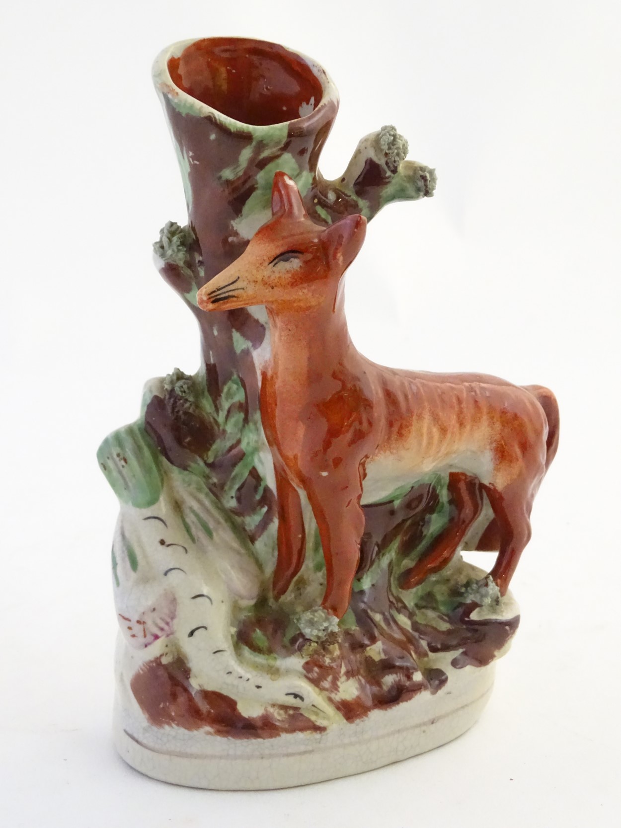 A Staffordshire flat back spill vase formed as a tree trunk with a fox and a goose on an oval base. - Image 7 of 7