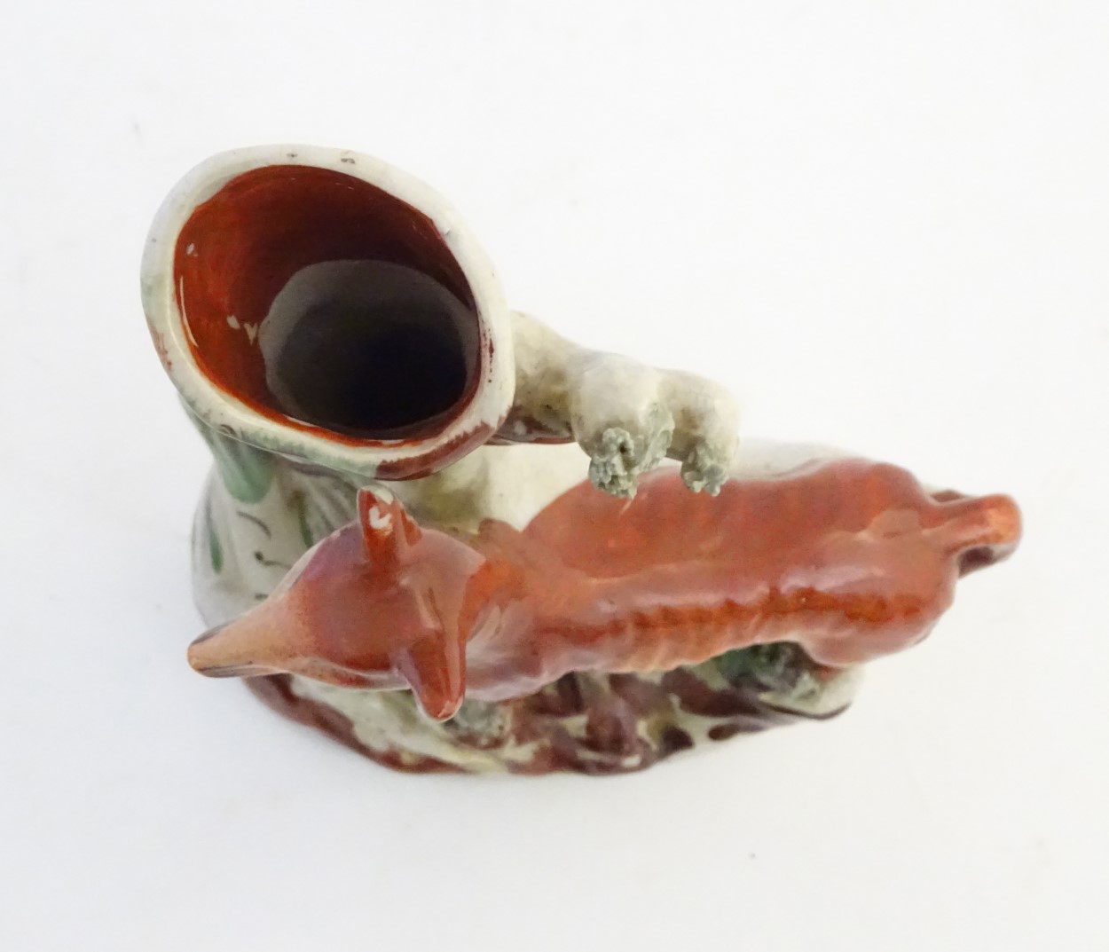 A Staffordshire flat back spill vase formed as a tree trunk with a fox and a goose on an oval base. - Image 2 of 7