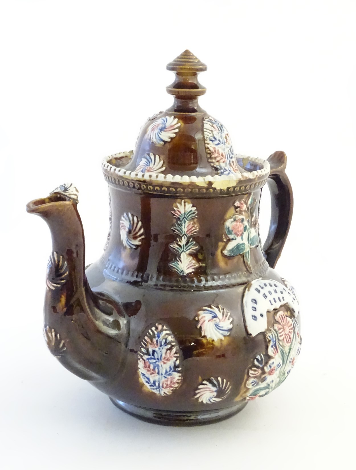 A late 19thC Measham bargeware teapot and cover with floral decoration surrounding a plaque - Image 3 of 8