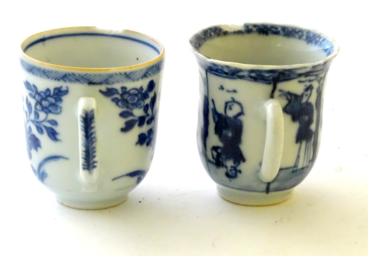 Two Chinese blue and white teacups, one decorated with flowers and foliage, the other with figures. - Image 5 of 6